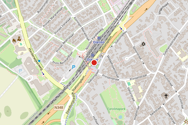 Brandweer-melding op Stationsplein, Dieren op 23 juli, kaart-overzicht